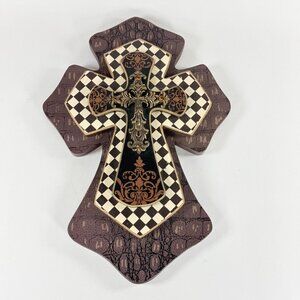 Vintage Style Crucifix Wall Cross 16" x 11" Wooden Black Creme Farmhouse Country